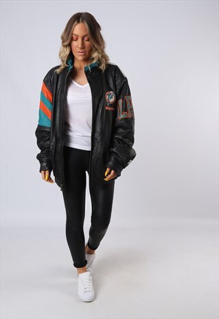 LEATHER BOMBER JACKET MIAMI DOLPHINS NFL UK 18 - 20 (O1T)