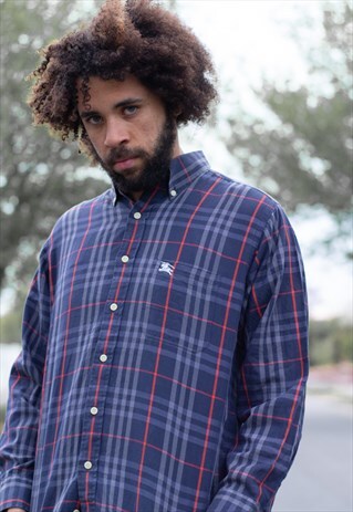 VINTAGE 90S BURBERRY NOVA CHECK EMBROIDERED LOGO SHIRT BLUE