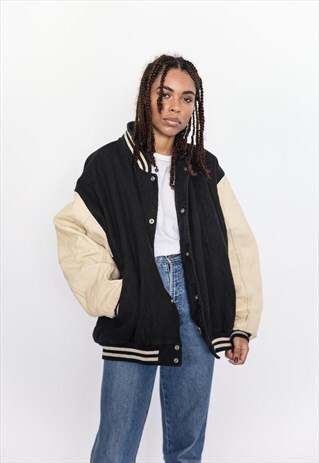 VINTAGE 90S BLACK AND BEIGE AMERICAN COLLEGE VARSITY JACKET