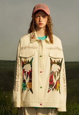 Patchwork denim jacket Aztec jean varsity ethnic coat white