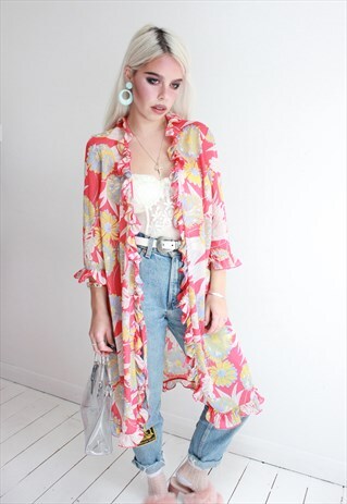 VINTAGE 60S RED FLORAL RUFFLE TRIM DRESSING GOWN