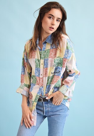 90'S ABSTRACT PRINT DENIM DETAILING OVERSIZED DADS SHIRT TOP