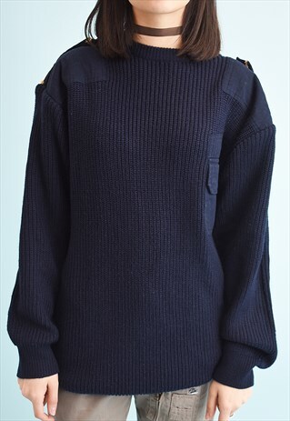 90'S RETRO MILITARY STYLE NAVY BLUE SLOUCHY KNIT JUMPER