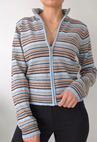 VINTAGE 90S LUREX STRIPEY ZIP UP HIGH NECK JUMPER JACKET TOP