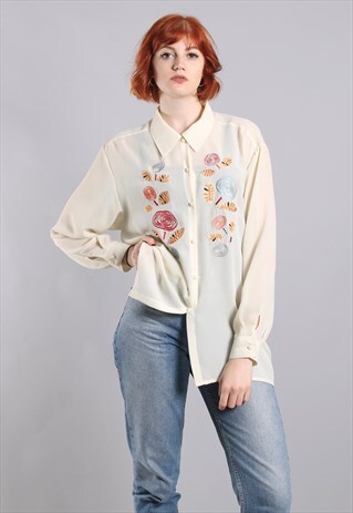 VINTAGE 90S EMBROIDERED LONG SHEER CHIFFON BLOUSE