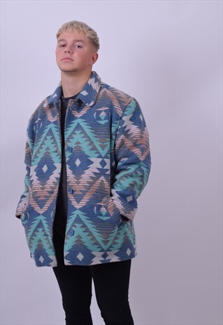 VINTAGE 90'S BLUE GREEN AZTEC COAT JACKET SIZE MEDIUM