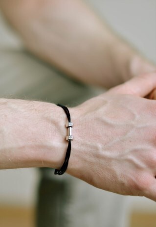 SILVER DUMBBELL BRACELET FOR MEN BLACK CORD GIFT FOR HIM