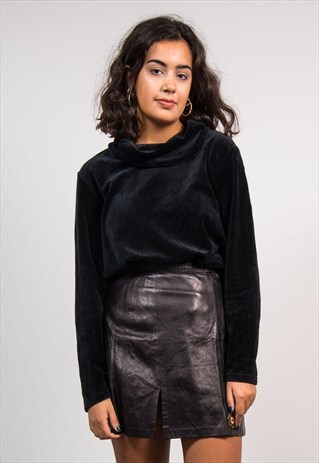 90'S VINTAGE BLACK ROLL NECK LONG SLEEVE VELVET TOP