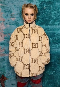 Grunge fleece jacket high fashion fluffy retro bomber cream
