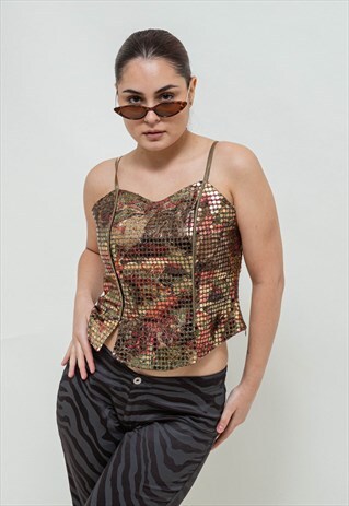VINTAGE Y2K SPAGHETTI STRAPS SWEETHEART SEQUINS CORSET M