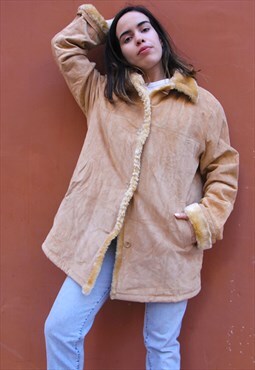 Pale Tan Brown Real Suede Long Faux Fur Lined Winter Coat