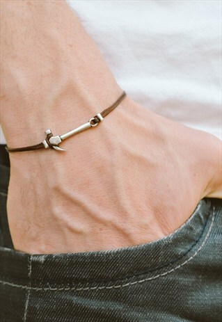 MEN'S BRACELET, SILVER HAMMER CHARM AND BROWN CORD, FOR MEN