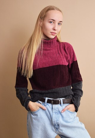 90'S RETRO STRIPED COZY ROLL-NECK KNITTED JUMPER TOP