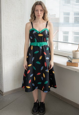 Vintage 70's Black Abstract Print Midi Dress