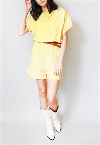 VINTAGE 1970'S YELLOW COTTON FLORAL CROCHET PLAYSUIT