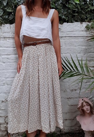 VINTAGE WHITE AND BEIGE PATTERN MIDI SKIRT