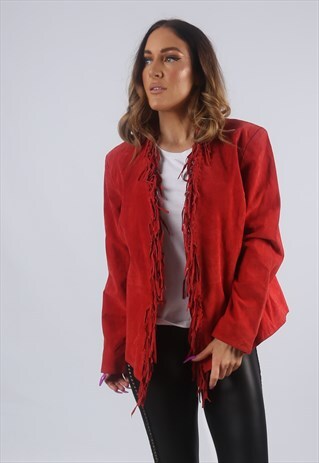 VINTAGE SUEDE LEATHER TASSEL JACKET FRINGE UK L 14 (CK2P)