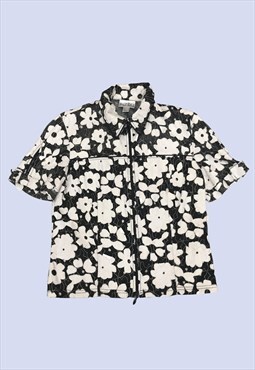 Black White Floral Shirt Jacket Full Zip Retro Monochrome