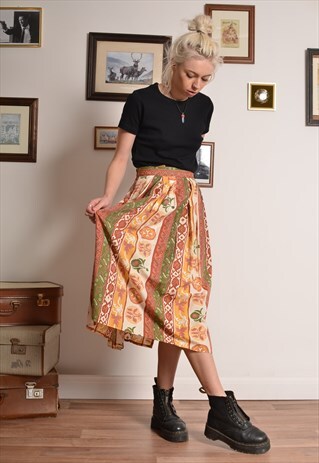 VINTAGE 80S CRAZY PATTERN MIDI SKIRT IN ORANGE