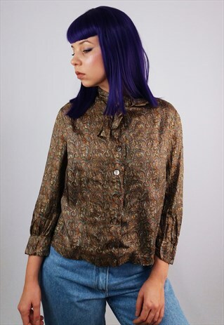 VINTAGE 80'S PATTERNED TIE COLLAR PUSSY-BOW BLOUSE
