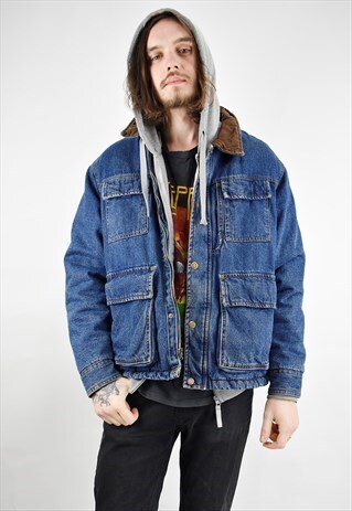 VINTAGE 90S SHEARLING LINED DENIM PARKA JACKET, CORD COLLAR