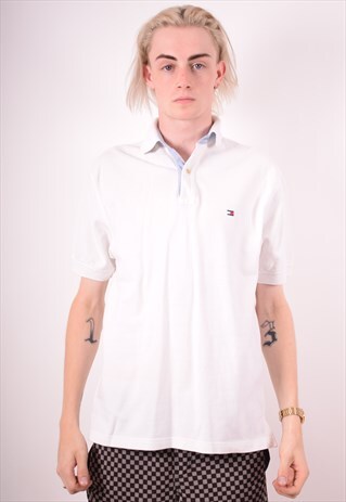 TOMMY HILFIGER MENS VINTAGE POLO SHIRT SMALL WHITE 90S