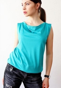 90s Vintage Cowl Neck Vest Top Sleeveless Tank Aqua Blue M