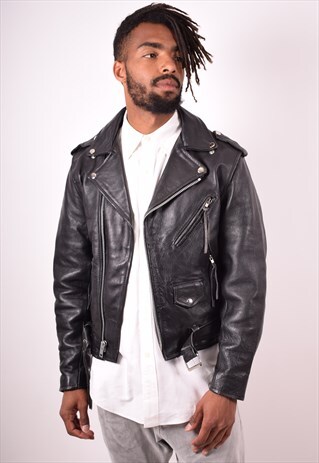 MENS VINTAGE LEATHER JACKET BIKER JACKET SMALL BLACK 90S