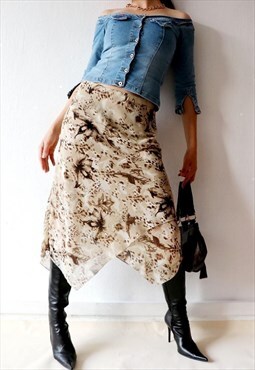 Y2k Vintage Chiffon Midi Skirt Asymmetric Floral Beige Brown