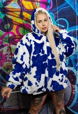 Cow fleece hooded jacket detachable fluffy animal print coat