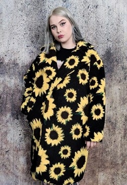Daisy fleece jacket retro sunflower floral trench coat black