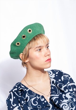 REWORKED VINTAGE BERET 80S GREEN GOLDEN EYELET HAT