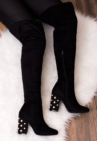 FREYA Pearl Block Heel Over Knee Boots - Black Suede Style