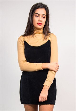 VINTAGE 90'S DIAMANTE STRAP BLACK VELVET MINI SLIP DRESS