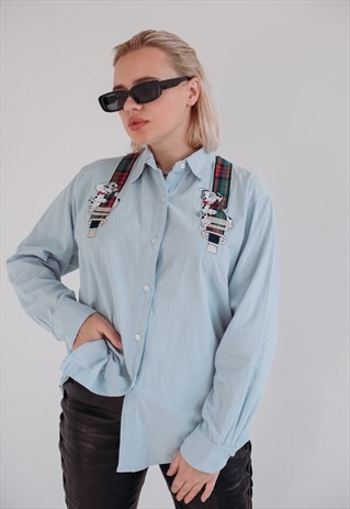 VINTAGE NOVELTY LONG SLEEVE EMBROIDERED SHIRT IN BLUE S/M