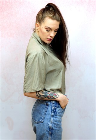 1990S VINTAGE LIGHT KHAKI GREEN PURE SILK SHORT SLEEVE SHIRT