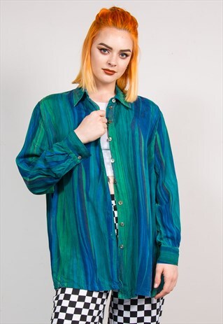 90'S VINTAGE GREEN WAVEY PATTERN SILKY STYLE SHIRT