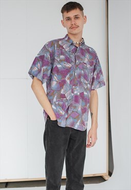 Vintage Relaxed Fit Short Sleeve Purple Printed Shirt M