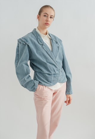 VINTAGE 80S OVERSIZED SHOULDER WRAP UP JACKET IN BLUE DENIM