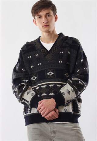 VINTAGE HUGO BOSS SWEATER V-NECK 90S BLACK WHITE PRINTED