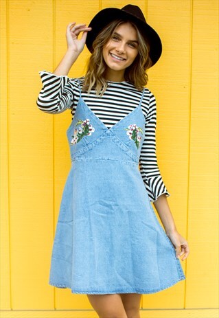 FLORAL EMBROIDERY DENIM SLIP DRESS