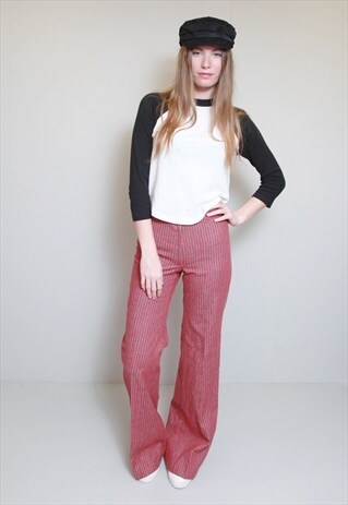 VINTAGE 1970'S HIGH WAISTED RED & GREY STRIPE TROUSERS
