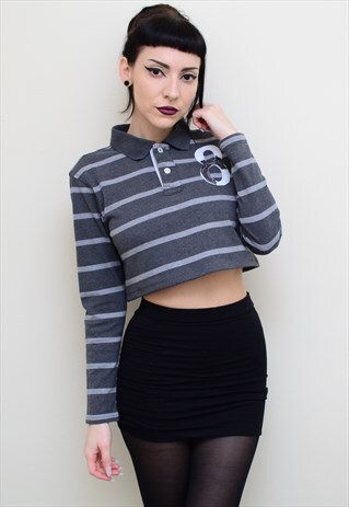 00'S RETRO GREY STRIPED REWORKED CROPPED TOMMY HILFIGER POLO