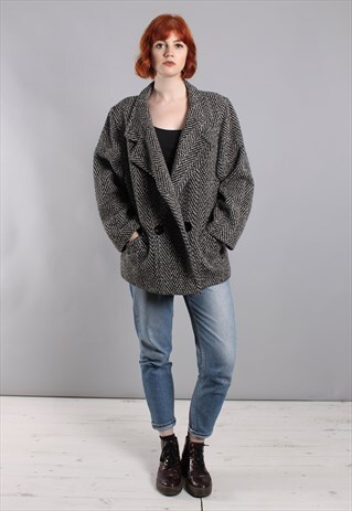 VINTAGE 80S TWEED WOOL OVERSIZE HERRINGBONE COAT JACKET