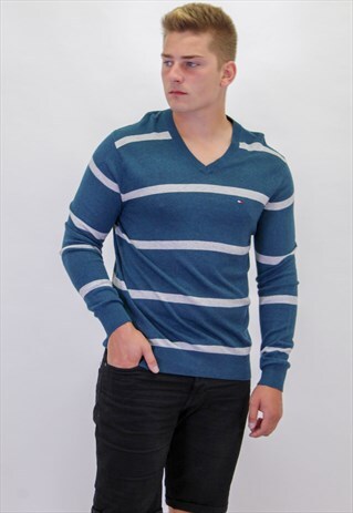 VINTAGE TOMMY HILFIGER V NECK STRIPED SWEATSHIRT