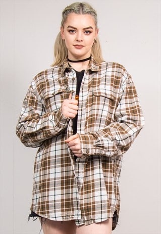 90'S VINTAGE BROWN CHECK GRUNGE FLANNEL SHIRT