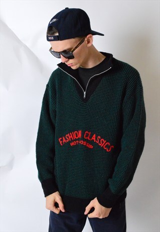 VINTAGE 80S GREEN TEXTURED WOOL 1/4 ZIPPER JUMPER