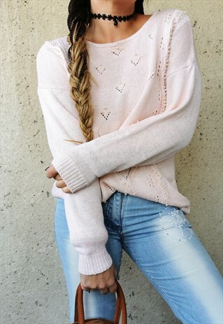 VINTAGE 90'S PINK KNITTED OVERSIZE SWEATER WITH PEARL BEADS