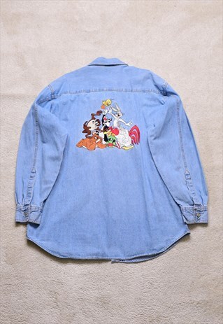 Vintage 1996 Looney Tunes Blue Denim Embroidered Shirt