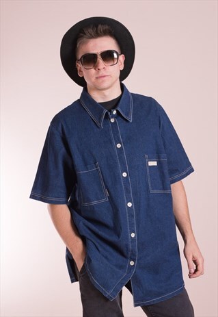 MENS VINTAGE SHORT SLEEVE, DENIM, BUTTON UP SHIRT